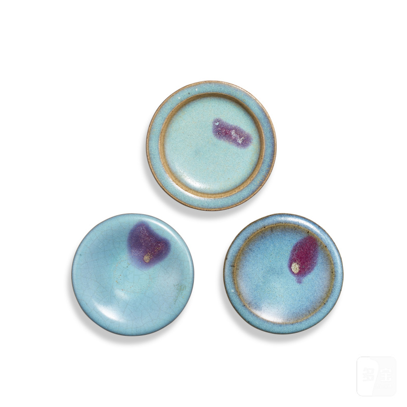 Three Junyao purple-splashed blue-glazed saucer dishes, Jin - Yuan dynasty | 金至元 天藍釉紫斑小碟三件